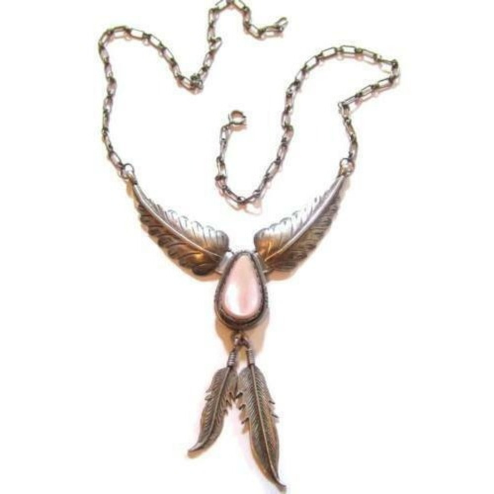 Vintage Native Southwest Pink Feather Leaf Floral Sterling Silver Necklace*925